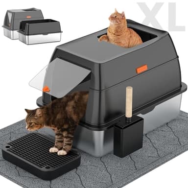 Stainless Steel Litter Box with Lid,Front Entry Top Exit Kitty LitterBox,Extra Large Enclosed Metal Cat Box with Litter Scoop & Litter Mat-Black - Image 1
