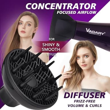 VAGARY 6690A Salon Pro Hair Dryer for Women,2200w Powerful AC Motor Fast Drying, Ionic Blow Dryer for Thick Hair,2 Speeds and 2 Heat Settings 1 Cool Shot Button(1 Diffuser and 1Concentrator) - Image 4