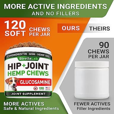 STRELLALAB Hemp Chews for Dogs - Hip & Joint Supplement with Glucosamine - Joint Pain Relief Treats - Omega 3, Chondroitin, MSM - Advanced Mobility Support - Chicken Flavor - 120 Ct - Made in USA - Image 6