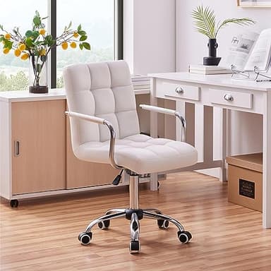 Yaheetech White Desk Chairs with Wheels/Armrests Modern PU Leather Office Chair Midback Adjustable Home Computer Executive Chair 360° Swivel - Image 2