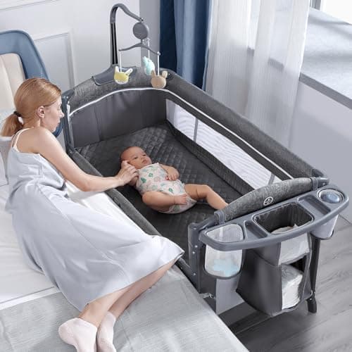 BabyBond Baby Bassinet Bedside Crib, Pack and Play with Sheet, Diaper Changing Table and Music Mobile from Newborn to Toddles, Portable Large Playard - Image 1