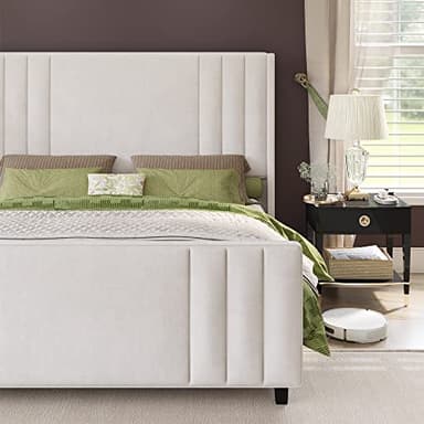 AMERLIFE Queen Size Bed Frame, Velvet Upholstered Platform Bed with Vertical Channel Tufted Headboard & Footboard/Wingback, Mattress Foundation with Wood Slats, No Box Spring Needed, Cream - Image 7