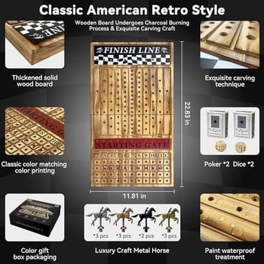 Large 23 inches Horse Racing Board Game with 11 Luxury Metal Horses, Foldable Wood Horse Race Board Game with 2 Sets of Dice, 2 Boxes of Cards for Parties and Gambling - Image 3