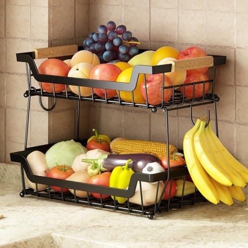 GILLAS 2 Tier Countertop Fruit Basket with 2 Banana Hangers for Kitchen, Detachable Metal Organizer for Bread Vegetable Fruits with Wooden Handle, Large Capacity Rectangular Storage Stand Bowls, Black - Image 1