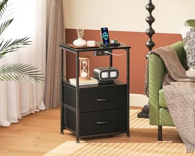 Casaottima Nightstand Set of 2 with Charger Station — USB Ports & Outlet, Bed SideTable with LED Lights, End Table with Fabric Drawers and Open Shelf, Bedside Table Night Stand for Bedroom, Black - Image 2