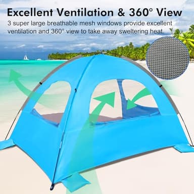WhiteFang Beach Tent Anti-UV Portable Sun Shade Shelter for 4 Person, Extendable Floor with 3 Ventilating Mesh Windows Plus Carrying Bag, Stakes and Guy Lines (Blue) - Image 5