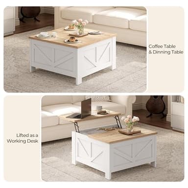 Yaheetech Farmhouse Lift Top Coffee Table with Storage, Square Coffee Table for Living Room, 31.5 Inches Center Tables with Large Hidden Storage Compartment for Home Office, White & Light Oak - Image 4