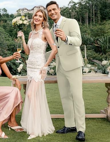 COOFANDY Men's 2 Piece Suits Classic Fit 2 Button Dress Suits Tuxedo Jacket Blazer for Wedding Business Dinner Prom Khaki - Image 3