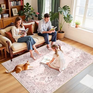 RELEANY Area Rugs 5'x7' Washable Non-Slip, Floral Vintage Distress Print Pattern Medallion Carpet for Living Room Bedroom Dining Room, Pink Greypink Cute - Image 3