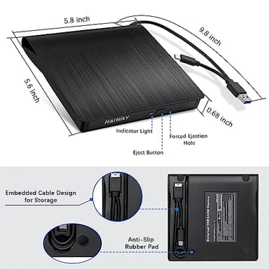 Haiway External DVD Drive, USB 3.0 Type-C CD Burner Portable CD DVD +/-RW Optical Drive Slim CD DVD ROM Rewriter CD/DVD Player Writer Reader for Laptop Desktop MacBook PC Windows Linux Mac OS (Black) - Image 6