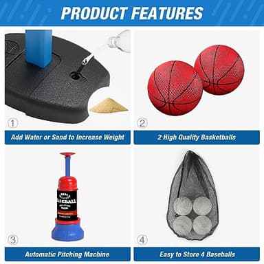 HYES 2 in 1 Kids Basketball Hoop and T Ball Set - Adjustable Height, Kids Baseball Tee with Automatic Pitching Machine, Indoor Outdoor Sport Toys Gifts for Toddler Boys Girls Age 1-5, Blue - Image 6