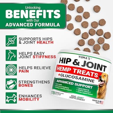 YUMA'S Hemp Hip and Joint Supplement for Dogs - Glucosamine for Dogs - 170 Joint Pain Relief Chews - Chondroitin, MSM - Hemp Oil - Advanced Canine Health Supplement - Mobility Support Treats - Image 2