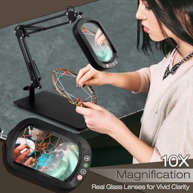 10X Square Magnifying Glass with Light and Stand, Real Glass Lighted Magnifier Hands Free, 5 Color Modes, Brightness Stepless Dimming, 2-in-1 Desk Lamp with Clamp for Close Work, Craft, Hobby, Reading - Image 2