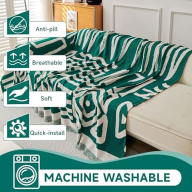 VClife Boho Couch Cover Sectional Sofa Cover for Dog Breathable Chenille Couch Covers for 2 Cushion Couch Sofa, Washable Dark Green White Geometry Loveseat Cover Slipcover with Tassel 71"X102" - Image 5