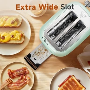 Aigostar Toaster 2 Slice Retro Toaster Stainless Steel, 1.6 inch Extra Wide Slots Bread Toaster Bagel, Cancel, Defrost Function, 6 Shade Settings & Removable Crumb Tray for Bread Waffle, Aqua Green - Image 6
