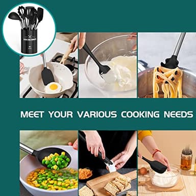 Silicone Cooking Utensil Set, Umite Chef 15pcs Silicone Cooking Kitchen Utensils Set, Non-stick - Best Kitchen Cookware with Stainless Steel Handle - Black - Image 5