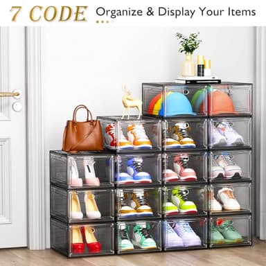7 code Large Clear Shoe Boxes Organizer【Thicker Material】 Stronger Shoe Box with Magnetic Door, Stackable Shoe Storage Box for Closet, Foldable Space-Saving Storage Bins Shoe Cabinet, Black 9-Pack - Image 4