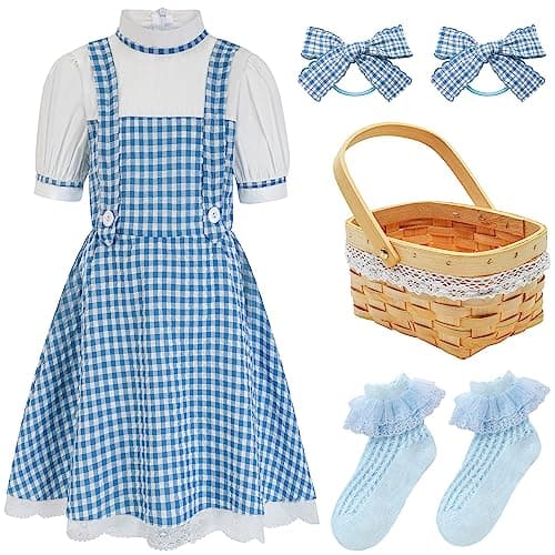 HMPRT Dorothy Costume for Girls,Kids Halloween Wizard Of Oz Book Storybook Character Costumes Dress Basket Blue Socks Hair Bows 4 - Image 1
