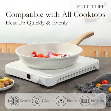 ESLITE LIFE Nonstick Ceramic Frying Pans Skillets Set, Non-Toxic Egg Omelette Kitchen Cooking Pans Compatible with All Stovetops (Gas, Electric & Induction), PTFE & PFOA Free (White) - Image 4