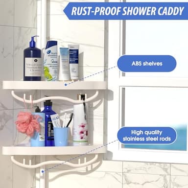 CALCHELE Shower Caddy Corner for Bathroom, Rustproof Bathtub Shower Storage Organizer for Shampoo Accessories, 4-Tier Adjustable Shelves with Tension Pole, 54 to 114 Inch White - Image 4
