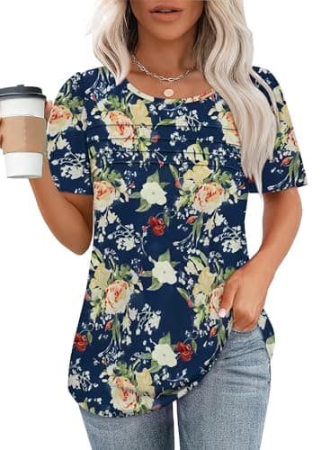 Ladies Tops and Blouses Short Sleeve T Shirts Dressy Causal Trendy Flower Summer Clothes 2025 Plus Size Women's Clothing Navy Floral M - Image 2