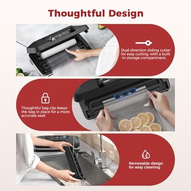 95kpa Vacuum Sealer Machine,Commercial Full Automatic Food Sealer,Powerful Sealing System with Double Heat Seal,Built-in Cutter&Bags Storage,1 Bag Rolls and 10 pcs Pre-cut Bags - Image 4