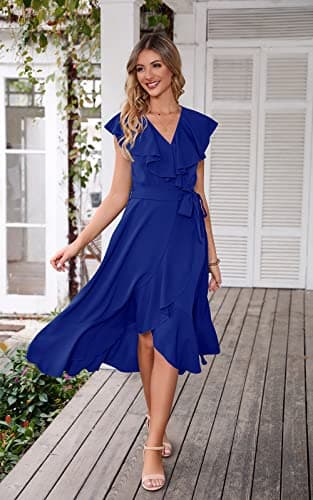 PRETTYGARDEN Women's Summer V Neck Ruffle Cross Tie Maxi Dress Solid Color Flutter Sleeve Holiday Dresses for Women 2025 (Blue,Medium) - Image 6