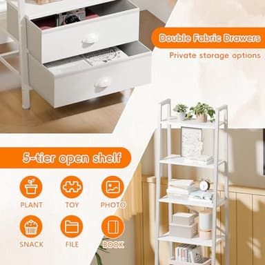 Furologee 5-Tier Ladder Shelf with 2 Drawers,Narrow Bookshelf Storage Shelves,Industrial Bookcase Freestanding Rack Units for Bedroom,Living Room,Bathroom,Home Office,Balcony,Wood Metal, White - Image 6