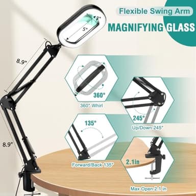 IVMAIE 10X Rectangle Magnifying Glass with Light, 5 Color Modes Stepless Dimmable Magnifier with Stand, LED Lighted Clamp Desk Lamp with Swing Arm, Hands Free for Reading Painting Crafts Close Work - Image 6