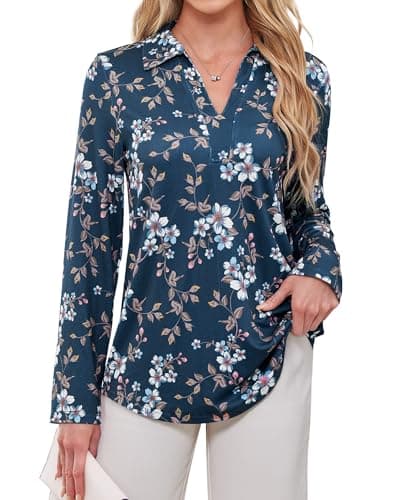 Business Casual Tops for Women,V Neck Polo Shirts for Women Fashion Top Work Attire for Office Fall Blouses Dress Shirts Full Sleeve Professional Formal Clothes Dressy Elegant Blue Floral M - Image 1