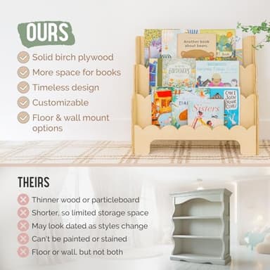 Fable Twig Wooden Kids Bookshelf w/Scalloped Edges- Made in USA- Perfect Height 3-Tier Montessori Shelf- Durable Childrens Bookcase for Kids Room or Playroom- Baby Book Shelf Nursery - Image 8