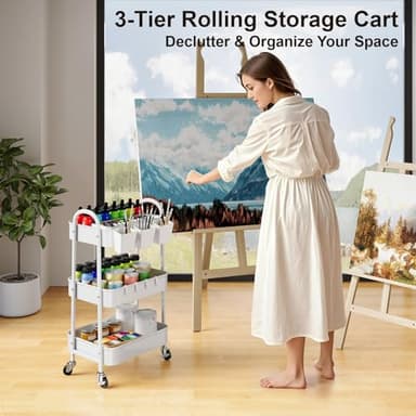 3 Tier Heavy Duty White Metal Rolling Cart with Lockable Wheels, Three Tier Roller Book Snack Cart, Utility Storage Organizer Carts for Kitchen, Bathroom, Garage, Baby Diaper, Craft, Art, Teacher - Image 4