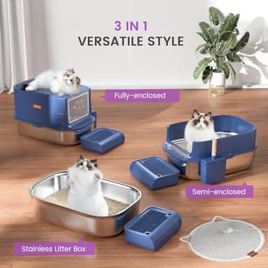 Stainless Steel Cat Litter Box with Lid - 3 in 1 Enclosed Cat Litter Box XL Extra Large Odor Control Covered Metal Litter Pan for Big Multiple Cats Includes Step, Scoop, Cats Scratcher Mat - Image 2