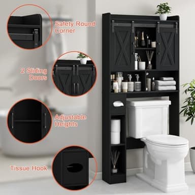 Over The Toilet Storage Cabinet, Farmhouse Storage Cabinet Over Toilet with Sliding Doors & Toilet Paper Holder Stand，Home Space-Saving Toilet Rack, for Bathroom, Laundry and Restroom.Black - Image 3