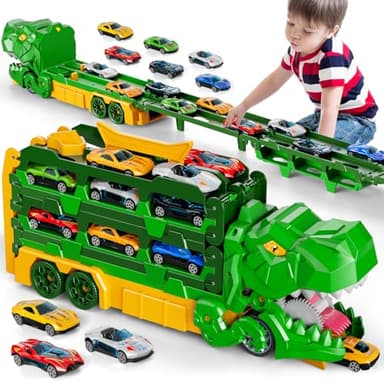 iHaHa Dinosaur Race Track Toys for Ages 3-4 4-6, 59-inches Transport Dinosaur Truck with 12 Die-cast Cars, Carrier Truck Toy Birthday Gifts Toys for 3 4 5 6 Year Old Boy - Image 1
