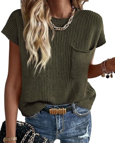 KIRUNDO Summer Fall Short Sleeve Sweater for Women 2025 Casual Sweater Vest Cotton Knit Pullover Tank Tops Fashion Clothing(Army Green, Medium) - Image 1