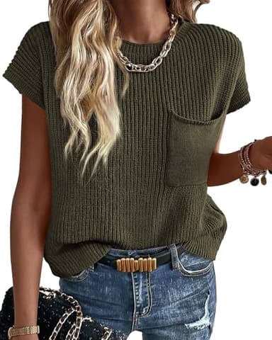 KIRUNDO Summer Fall Short Sleeve Sweater for Women 2025 Casual Sweater Vest Cotton Knit Pullover Tank Tops Fashion Clothing(Army Green, Medium) - Image 1