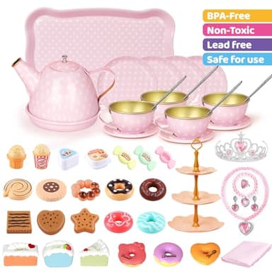 iAOVUEBY Tea Party Set for Little Girls, 49PCS Princess Tea Time Toys Including Tea Set Dessert Carrying Case, Kids Kitchen Pretend Playset, Tea Set for Girls Birthday Toddler Age 3-8, Pink - Image 3
