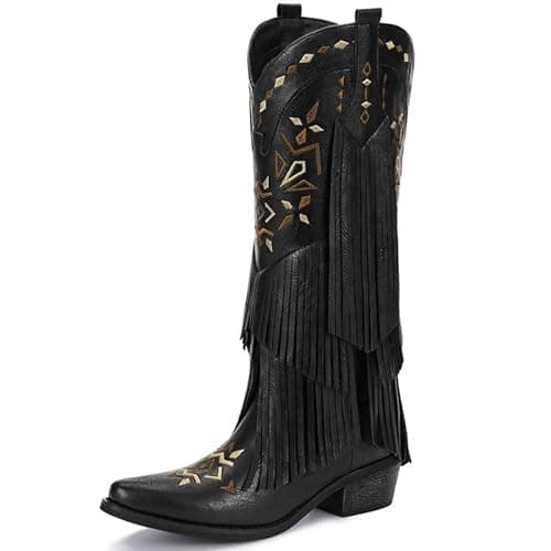 Bybmorto Black Cowboy Boots for Women - Fringe Knee High Cowgirl Boots with Classic Embroidery, Pointed Toe Pull on Retro Design, Perfect for Western Parties, Weddings and Events Size 7.5 - Image 1