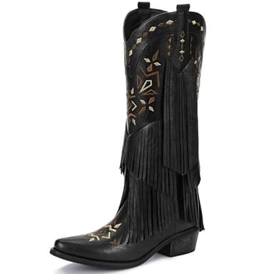 Bybmorto Black Cowboy Boots for Women - Fringe Knee High Cowgirl Boots with Classic Embroidery, Pointed Toe Pull on Retro Design, Perfect for Western Parties, Weddings and Events Size 7.5 - Image 1