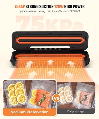 75kpa Vacuum Sealer Machine - 6-in-1 Compact Food Sealer with Digital Countdown Timer, External Sliding Blade for Freshness Storage, Black - Image 3