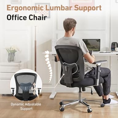 DUMOS Ergonomic Home Office Desk Chair - Heavy Duty Mid Back with Lumbar Support & 4D Armrest, Height Adjustable Mesh Computer Gaming with Backrest & Swivel Wheels, Black - Image 4
