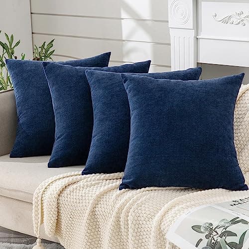 GAWAMAY Decorative Square Throw Pillow Covers 18"x18" Inch Set of 4, Super Soft Chenille Pillows Farmhouse Fall Pillowcase for Living Room Bedroom Sofa Couch Cushion Cover Navy Blue 45x45cm - Image 1