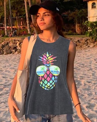 rosemia Tank Tops for Women Summer Graphic Pineapple Tshirts Sleeveless Casual Ladies Tunic Blouse(Pineapple Dark Grey, 5XL1) - Image 4