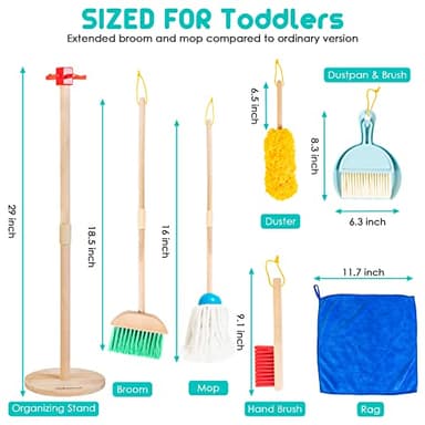 HELLOWOOD Kids Cleaning Set, 8 Pcs Wooden Housekeeping Play Set Includes Broom Mop Duster Dustpan Brushes Rag and Organizing Stand, Cleaning Toys Gift for Toddlers Girls Boys Age 3-6, Solid Beech Wood - Image 3
