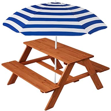 Best Choice Products Kids Wooden Picnic Table, Outdoor Activity & Dining Table w/Adjustable Collapsible Umbrella, Built-in Seats - Golden Brown/Navy - Image 1