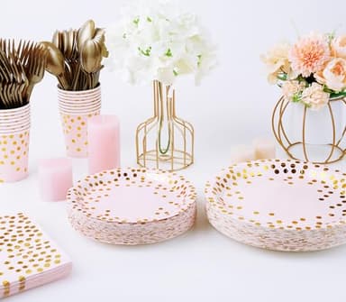 Pink and Gold Party Supplies - 350 PCS Disposable Dinnerware Set - Pink Paper Plates Napkins Cups, Gold Plastic Forks Knives Spoon for Graduation, Birthday, Cocktail Party - Image 7