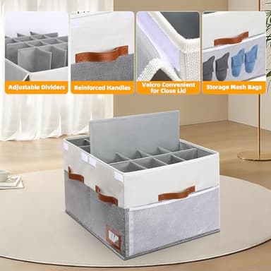 Supowin Shoe Organizer for Closet, Foldable Shoe Storage Bins with Lid & Adjustable Dividers, Fabric Shoe Box Storage Containers with Four Reinforced Handles, Fits 16 Pairs, 1 Pack, Grey - Image 2