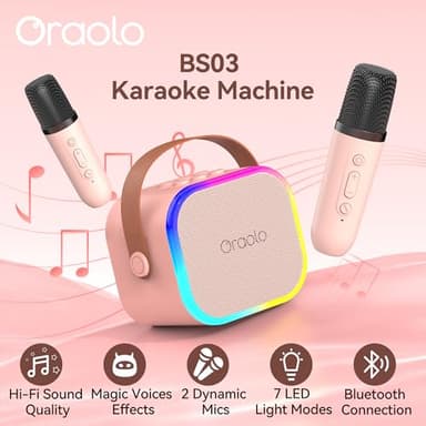 Oraolo Karaoke Machine with 2 Wireless Microphones, Portable Mini Karaoke for Kids, Funny Magical Sound Modes, Speaker Support Multi-Channel Connection, Birthday Gifts for Girls Boys - Image 2