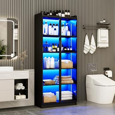 Display Cabinet with Doors and Adjustable Shelves, 65" Tall Bookcase with LED Lights/Human Sensor, 5 Tier Display Case for Collectibles Bedroom Living Room Office, Black - Image 9